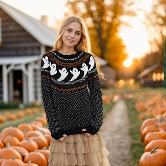 Halloween Sweater Ghostly Fun Retro Crewneck Sweater - Picture 2 of 14